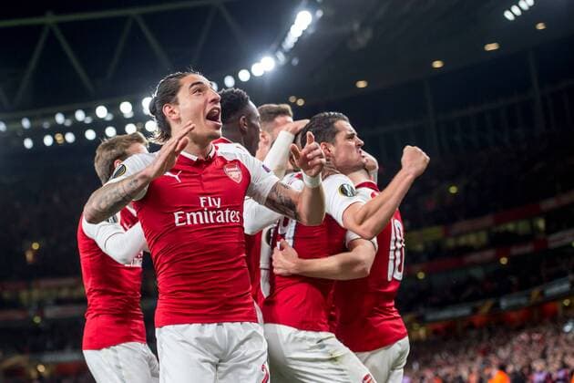Alexandre Lacazette of Arsenal and his team mates celebrate scoring the opening goal during the UEFA Europa League Semi Final match between Arsenal and Atletico Madrid at the Emirates Stadium, London, England on 26 April 2018. Copyright: xSalvioxCalabresex 19780044