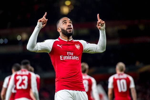 Alexandre Lacazette of Arsenal celebrates scoring the opening goal during the UEFA Europa League Semi Final match between Arsenal and Atletico Madrid at the Emirates Stadium, London, England on 26 April 2018. Copyright: xSalvioxCalabresex 19780046