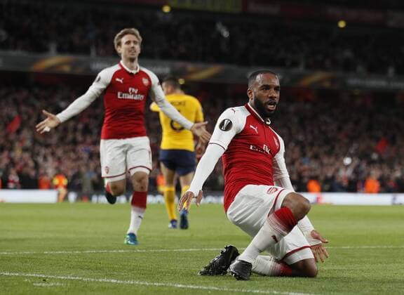 Alexandre Lacazette of Arsenal celebrates scoring the first goal during the Europa League Semi Final 1st Leg, match at the Emirates Stadium, London. Picture date: 26th April 2018. Picture credit should read: David Klein Sportimage EDITORIAL USE ONLY. No use with unauthorised audio, video, data, fixture lists, club league logos or live services. Online in-match use limited to 120 images, no video emulation. No use in betting, games or single club league player publications.