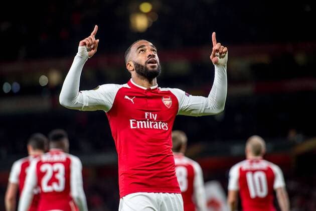 Alexandre Lacazette of Arsenal celebrates scoring the opening goal during the UEFA Europa League Semi Final match between Arsenal and Atletico Madrid at the Emirates Stadium, London, England on 26 April 2018. Copyright: xSalvioxCalabresex 19780047