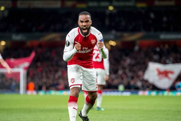 Alexandre Lacazette of Arsenal celebrates scoring the opening goal during the UEFA Europa League Semi Final match between Arsenal and Atletico Madrid at the Emirates Stadium, London, England on 26 April 2018. Copyright: xSalvioxCalabresex 19780048