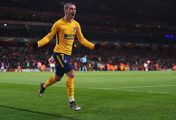 Arsenal v Atletico Madrid UEFA Europa League Semi-Final Atletico Madrid?s Antoine Griezmann celebrates scoring his side s first goal of the game during the UEFA Europa League Semi-Final match at the Emirates Stadium, London Content Not Available For UK Newspapers Copyright: xDanielxHamburyx FIL-11704-0044