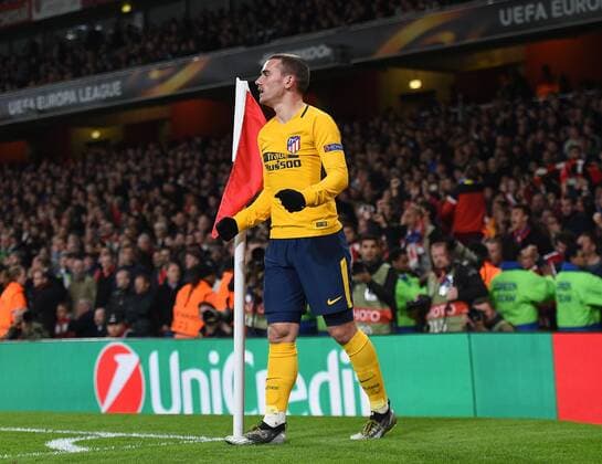 Arsenal v Atletico Madrid UEFA Europa League Semi-Final Atletico Madrid?s Antoine Griezmann celebrates scoring his side s first goal of the game during the UEFA Europa League Semi-Final match at the Emirates Stadium, London Content Not Available For UK Newspapers Copyright: xDanielxHamburyx FIL-11704-0046