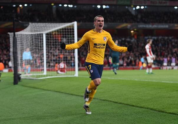 Arsenal v Atletico Madrid UEFA Europa League Semi-Final Atletico Madrid?s Antoine Griezmann celebrates scoring his side s first goal of the game during the UEFA Europa League Semi-Final match at the Emirates Stadium, London Content Not Available For UK Newspapers Copyright: xDanielxHamburyx FIL-11704-0053