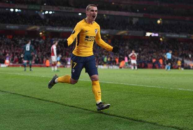 Arsenal v Atletico Madrid UEFA Europa League Semi-Final Atletico Madrid?s Antoine Griezmann celebrates scoring his side s first goal of the game during the UEFA Europa League Semi-Final match at the Emirates Stadium, London Content Not Available For UK Newspapers Copyright: xDanielxHamburyx FIL-11704-0054