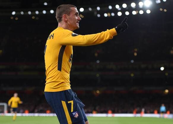 Arsenal v Atletico Madrid UEFA Europa League Semi-Final Atletico Madrid?s Antoine Griezmann celebrates scoring his side s first goal of the game during the UEFA Europa League Semi-Final match at the Emirates Stadium, London Content Not Available For UK Newspapers Copyright: xDanielxHamburyx FIL-11704-0055