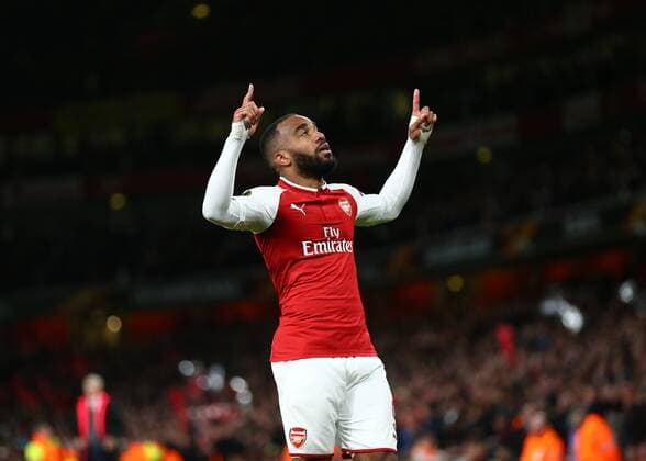 26th April 2018, Emirates Stadium, London, England; UEFA Europa League football, semi final, 1st leg, Arsenal versus Atletico Madrid; Alexandre Lacazette of Arsenal celebrates after scoring his sides 1st goal in the 6th minute to make it 1-0  ActionPlus12017322
