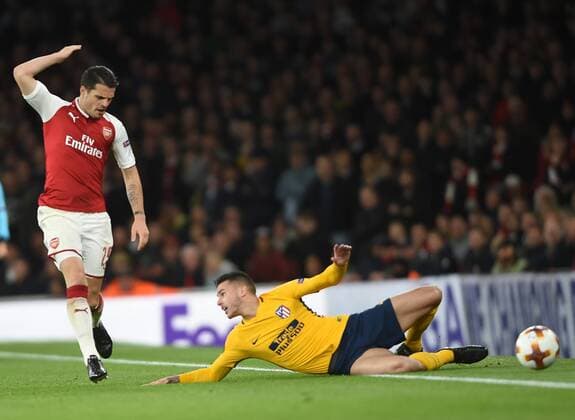 Arsenal v Atletico Madrid UEFA Europa League Semi-Final Arsenal s Shkodran Mustafi and Atletico Madrid?s Lucas Hernandez battle for the ball during the UEFA Europa League Semi-Final match at the Emirates Stadium, London Content Not Available For UK Newspapers Copyright: xDanielxHamburyx FIL-11704-0057