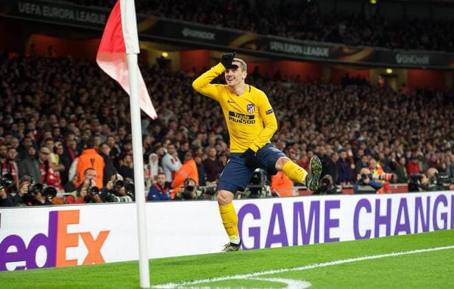Antoine Griezmann of Atletico Madrid celebrates scoring his goal during the UEFA Europa League Semi Final 1st leg match between Arsenal and Atletico Madrid at the Emirates Stadium, London, England on 26 April 2018. Copyright: xAndyxAleksiejczukx PMI-1995-0041