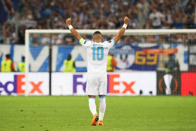 SOCCER - EL, Marseille vs RBS MARSEILLE,FRANCE,26.APR.18 - SOCCER - UEFA Europa League, semifinal, Olympique de Marseille vs Red Bull Salzburg. Image shows the rejoicing of Dimitri Payet (Marseille). GEPAxpictures xMathiasxMandl