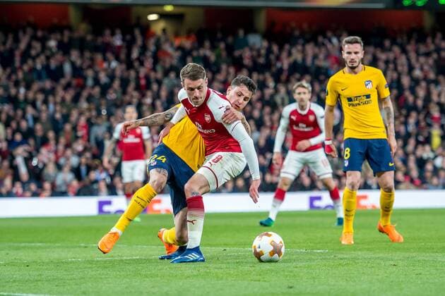 Aaron Ramsey of Arsenal during the UEFA Europa League Semi Final match between Arsenal and Atletico Madrid at the Emirates Stadium, London, England on 26 April 2018. Copyright: xSalvioxCalabresex 19780080