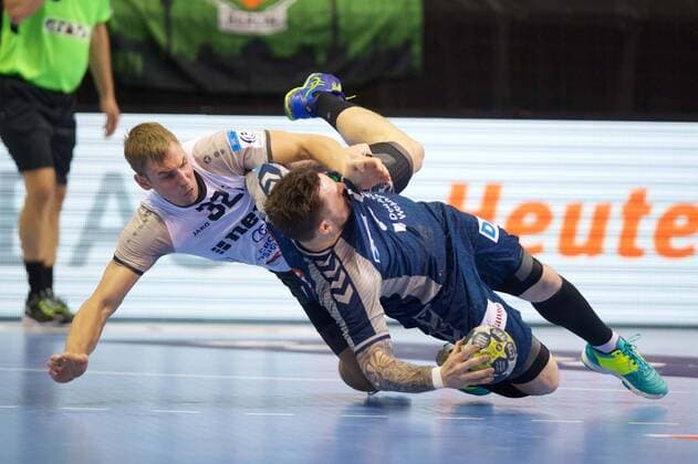 Handball Berlin 28 04 2018 EHF Cup Season 2017 2018 Quarter-finals 2nd leg Füchse Berlin RK Nexe Johan Koch Füchse Berlin No 77 Aljaz Lavric New No 32