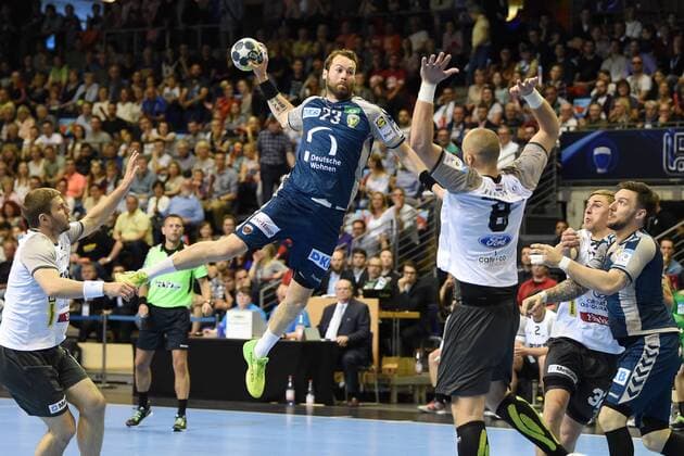 Mens Handball Mens EHF Cup Season 2017 18 Quarter-finals Playoffs Füchse Berlin RK Nexe Steffen Fäth No 23 Füchse Berlin Marko Mrdenovic No 8 RK Nexe 28 04 18 Copyright: xMichaelxHundtx xMatthiasxKochx