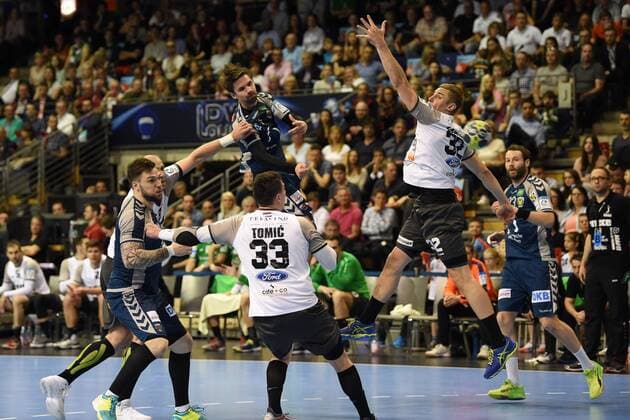 Handball Men EHF Cup Season 2017 18 Quarter Finals 2nd leg Füchse Berlin RK Nexe Johan Koch No 77 Foxes Berlin Mario Tomic No 33 RK Nexe Fabian Wiede No 3 Foxes Berlin Aljaz Lavric No 32 RK Nexe Steffen Fäth No 23 Foxes Berlin 28 04 18 Copyright: xMichaelxHundtx xMatthiasxKochx