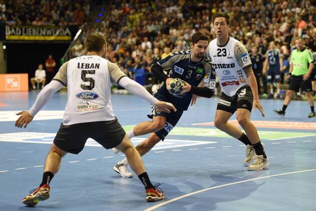 Mens Handball Mens EHF Cup Season 2017 18 Quarter-Finals Playoff Füchse Berlin RK Nexe Patrik Leban No 5 RK Nexe Fabian Wiede No 3 Foxes Berlin Josip Juric Grgic No 23 RK Nexe 28 04 18 Copyright: xMichaelxHundtx xMatthiasxKochx