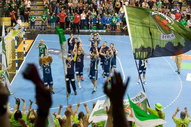 Handball Berlin 28 04 2018 EHF Cup season 2017 2018 quarterfinal return match foxes Berlin RK Nexe cheers foxes with fans after the match