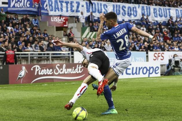 Jonas Martin 28; Racing Strasbourg during the French L1 football match between Strasbourg (RCSA) and Nice (OGC) on April 28, 2018 at the Meinau stadium in Strasbourg, eastern France. FOOTBALL : Strasbourg vs Nice - Ligue 1 - 28 04 2018 ElyxandroCegarra Panoramic 