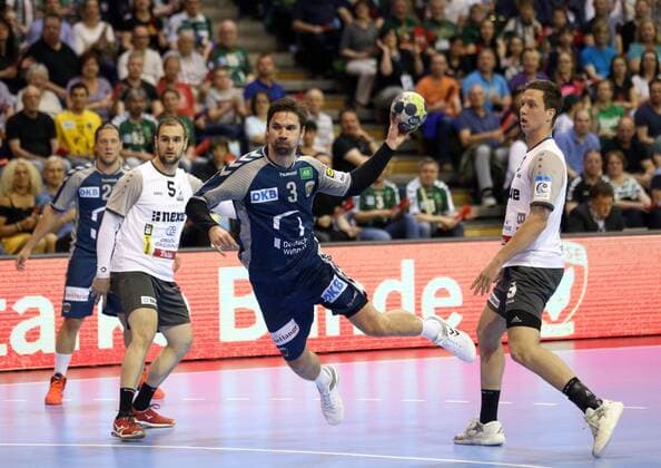 GER EHF FUEL BERLIN VS RK Nexe 28 04 2018 Max Schmeling Halle Berlin GER EHF FUEL BERLIN VS RK Nexe im Bild Fabian Wiede Fuechse Berlin 3 Patrik Leban Nexe 5 Sasa Jaman Barisic Nexe 9 nordphotox xEngler nph00076