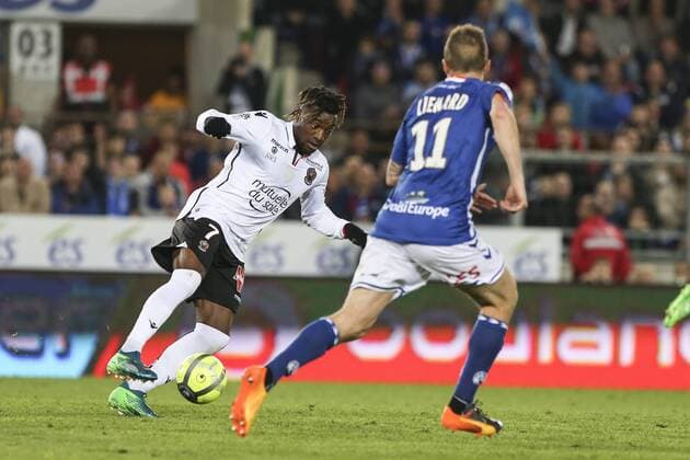 Saint-Maximin Allan 7; Nice. during the French L1 football match between Strasbourg (RCSA) and Nice (OGC) on April 28, 2018 at the Meinau stadium in Strasbourg, eastern France. FOOTBALL : Strasbourg vs Nice - Ligue 1 - 28 04 2018 ElyxandroCegarra Panoramic 