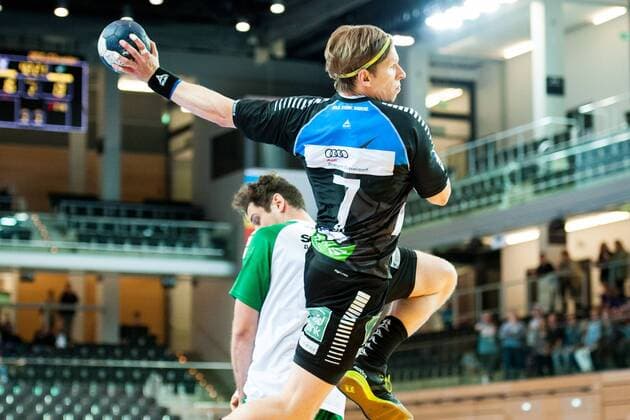 Dennis Aust Nr 7 Vikings scored the goal HC Rhein Vikings vs. DJK Rimpar Wölfe Handball 2 Bundesliga 28 04 18 Düsseldorf NRW Germany Castello Copyright: xcdn_nszx