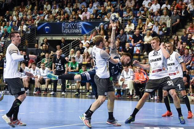 Mens Handball Mens EHF Cup Season 2017 18 Quarter-Finals Playoffs Foxes Berlin RK Nexe Albin Eter No. 6 RK Nexe Johan Koch No. 77 Foxes Berlin Aljaz Lavric No. 32 RK Nexe Vedran Zrnic No. 7 RK Nexe 28 04 18 Copyright: xMichaelxHundtx xMatthiasxKochx