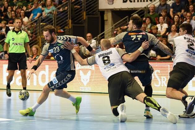 Mens Handball Mens EHF Cup Season 2017 18 Quarter-Finals Second leg Füchse Berlin RK Nexe Steffen Fäth No 23 Füchse Berlin Marko Mrdenovic No 8 RK Nexe Johan Koch No 77 Füchse Berlin Marin Sipic No 2 RK Nexe 28 04 18 Copyright: xMichaelxHundtx xMatthiasxKochx