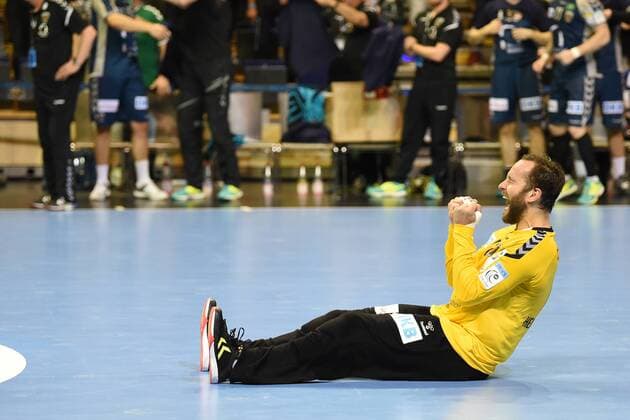 Handball Men EHF Cup Season 2017 18 Quarterfinal second leg Füchse Berlin RK Nexe rejoicing after the final whistle TW Silvio Heinevetter No. 12 Füchse Berlin 28 04 18 Copyright: xMichaelxHundtx xMatthiasxKochx