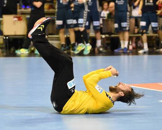 Handball Men EHF Cup Season 2017 18 Quarterfinal second leg Füchse Berlin RK Nexe rejoicing after the final whistle TW Silvio Heinevetter No. 12 Füchse Berlin 28 04 18 Copyright: xMichaelxHundtx xMatthiasxKochx