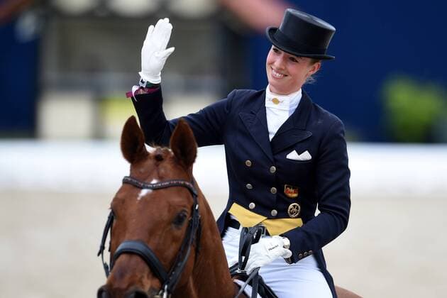 Dressage Horses and Dreams 2018 CDI4 Grand Prix Grand Prix Freestyle to Music on 28 04 2018 at Hof Kasselmann in Hagen a T W Fabienne Lütkemeier Luetkemeier Germany on horseback D Agostino FRH is pleased MT