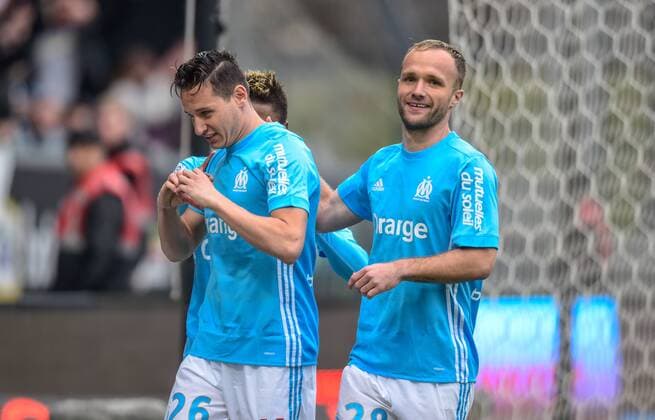 Joie de Florian Thauvin ( Olympique Marseille ) - Valere Germain ( Olympique Marseille ) - Clinton Mua Njie ( Olympique Marseille ) FOOTBALL : SCO Angers vs Olympique de Marseille - Ligue 1 - Angers - 29 04 2018 FedericoPestellini Panoramic 