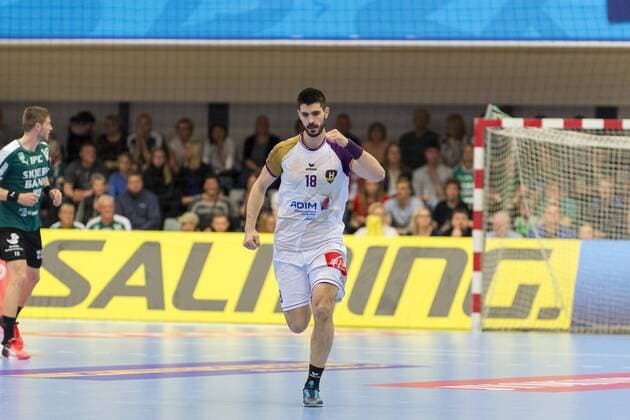 Eduardo Gurbindo (18) fra HBC Nantes jubler efter en scoring under Champions League kvartfinalen i herrehaandbold mellem Skjern Haandbold og HBC Nantes i Skjern Bank Arena i Skjern, soendag den 29. april 2018. , Skjern  Copyright: MadsxDalegaardx COP106 spdk20180429-174520-L