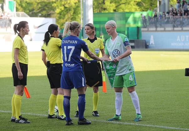 Katie Chapman Chelsea LFC and Nilla Fischer VfL Wolfsburg