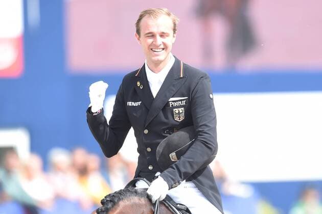 Dressage Horses and Dreams 2018 CDI4 GPS Grand Prix Special GPS on 29 04 2018 at the Hof Kasselmann in Hagen a T W Sönke Soenke Rothenberger Germany celebrates after the victory ST