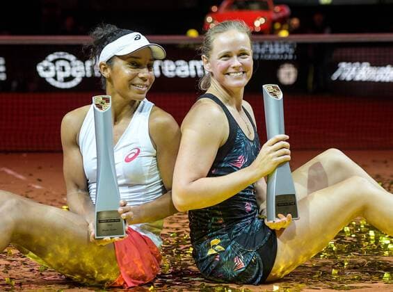 GER Porsche Tennis Grand Prix 2018 29 04 2018 Porsche Arena Grand Prix 2018 Final Double Raquel Atawo USA Anna Lena Grönefeld Groenefeld GER vs Kveta Peschke CZE Nicole Melichar USA Presentation ceremony Anna Lena Grönefeld Groenefeld GER and Raquel Atawo USA with the trophies nordphotoxHafner nph00200