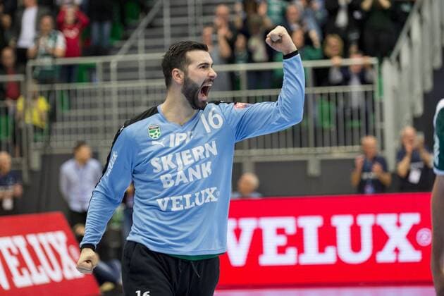 Tibor Ivanisevic (16) fra Skjern Haandbold jubler efter en redning under Champions League kvartfinalen i herrehaandbold mellem Skjern Haandbold og HBC Nantes i Skjern Bank Arena i Skjern, soendag den 29. april 2018. , Skjern  Copyright: MadsxDalegaardx COP106 spdk20180429-185900-L