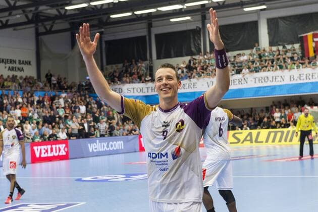 Dominik Klein (9) jubler efter sejren i Champions League kvartfinalen i herrehaandbold mellem Skjern Haandbold og HBC Nantes i Skjern Bank Arena i Skjern, soendag den 29. april 2018. , Skjern  Copyright: MadsxDalegaardx COP106 spdk20180429-185942-L