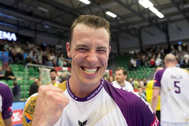 Dominik Klein (9) fra HBC Nantes, jubler efter sejren i Champions League kvartfinalen i herrehaandbold mellem Skjern Haandbold og HBC Nantes i Skjern Bank Arena i Skjern, soendag den 29. april 2018. , Skjern  Copyright: MadsxDalegaardx COP106 spdk20180429-190601-L