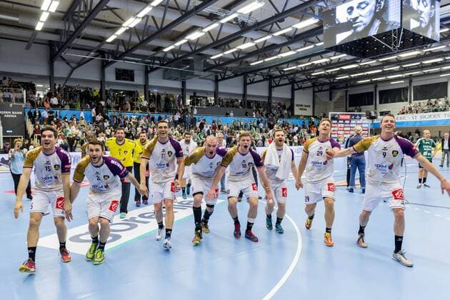Spillere fra HBC Nantes, jubler efter sejren i Champions League kvartfinalen i herrehaandbold mellem Skjern Haandbold og HBC Nantes i Skjern Bank Arena i Skjern, soendag den 29. april 2018. , Skjern  Copyright: MadsxDalegaardx COP106 spdk20180429-190607-L