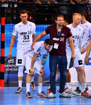 29.04.2018 Skopje(FYR Macedonia) HC Vardar-THW Kiel 2nd 1 4 final match Champions League men s handball Nikola Bilyk(L),Niclas Ekberg(2L),Christian Sprenger(3L) THW Kiel assistant coach after lost match :Str 