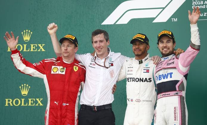 Motorsports: World Championship WM Weltmeisterschaft 2018; Grand Prix Azerbaijan, Grand Prix of Europe, Formula 1 2018 Azerbaijan Grand Prix, 11 Sergio Perez (MEX, Sahara Force India F1 Team), 44 Lewis Hamilton (GBR, Mercedes AMG Petronas F1 Team), 77 Valtteri Bottas (FIN, Mercedes AMG Petronas), Baku Azerbaijan
