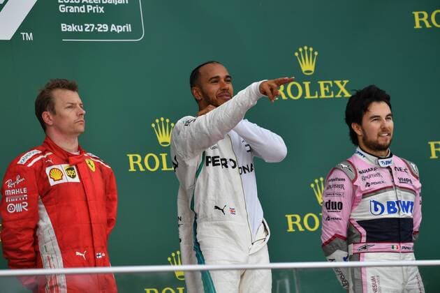 Podium Kimi Raiikkoenen Scuderia Ferrari Lewis Hamilton Mercedes Grand Prix Sergio Perez Sahara Force India F1 Formula 1 GP Baku Azerbaijan 29 04 2018 Photo mspb Jerry Andre Podium Kimi Raiikkoenen Lewis Hamilton Sergio Perez Formula 1 GP Azerbaijan 2018