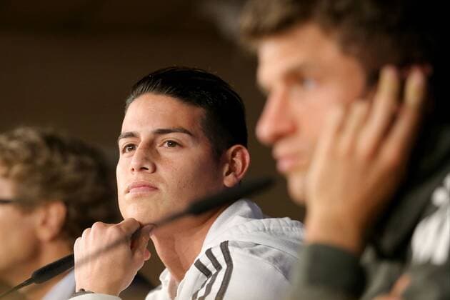 James Rodriguez FC Bayern Munich 11 Thomas Mueller FC Bayern Munich 25 Press Conference Real Madrid CF vs Bayern Munich Champions League Semifinals Football 30 04 2018 Press Conference Real Madrid CF vs Bayern Munich Champions League Semifinals Football 30 04 2018 Madrid Copyright: xLanger Eibner-Pressefotox EP_HLR