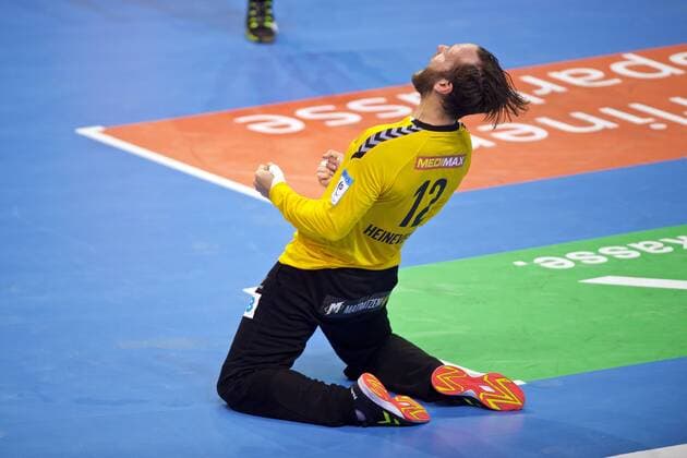 Handball Berlin 28 04 2018 EHF Cup season 2017 2018 quarterfinal second leg foxes Berlin RK Nexe rejoicing Silvio Heinevetter foxes Berlin TW No 12 after the game