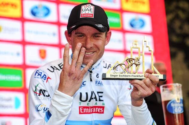 Alexander Kristoff NOR UAE Team Emirates wins the Hessian cycling classic in Frankfurt for the fourth time in a row Podium Cheers Joy Emotions Horizontal horizontal Event Event 56 Eschborn Frankfurt Eschborn to Frankfurt am Main Old Town 212 5 km Place Frankfurt am Main Germany Germany Europe Europe Date Date 01 05 2018 Stiehl Photography