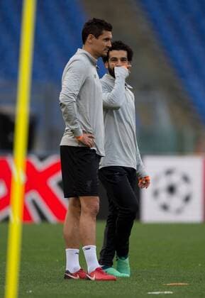 Liverpool Training Mo Salah of Liverpool (right) smiles during the Liverpool training session at the Stadio Olimpico, Rome Content Not Available For UK Newspapers Copyright: xRussellxHartx FIL-11728-0001