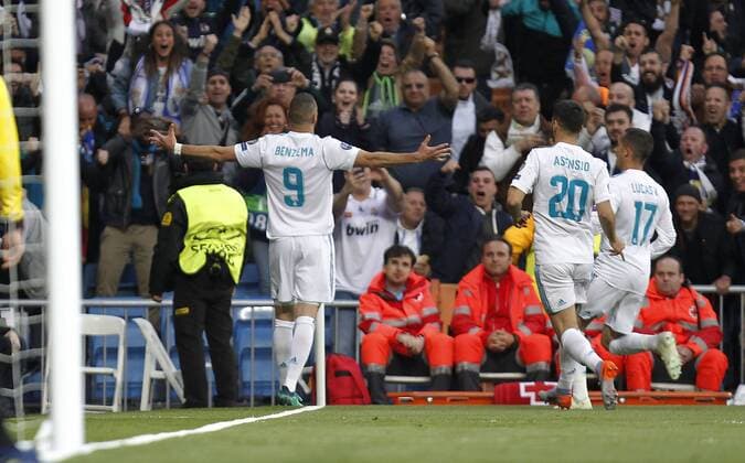 Soccer match between Real Madrid and Bayern Munich, second leg of semi finals of the Champions League 2017 2018, held at the Santiago Bernabeu stadium, in Madrid. (Photo: Jose Cuesta 261 Cordon Press). Karim Benzema celebrates after scoring.  xJosexLuisxCuestax xx
