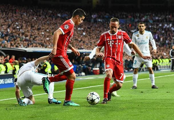 01 05 2018 xfux Football Champions League semi-finals Real Madrid FC Bayern Muenchen emspor v Luka Modric Real Madrid James Rodriguez Bayern Munich Franck Ribery FC Bayern Munich Lucas Vazquez Real Madrid Madrid