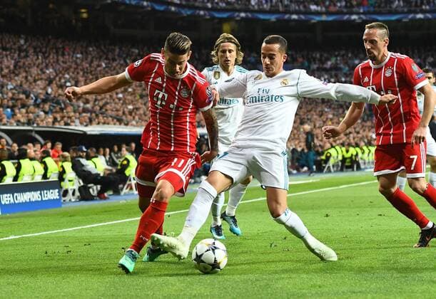 01 05 2018 xfux Football Champions League semi-finals Real Madrid Bayern Munich Muenchen emspor v l James Rodriguez Bayern Munich Lucas Vazquez Real Madrid Franck Ribery FC Bayern Muenchen Madrid