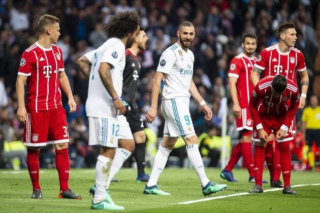Real Madrid Marcelo and Karim Benzema during Semi Finals UEFA Champions League match between Real Madrid and Bayern Munich at Santiago Bernabeu Stadium in Madrid, Spain. May 01, 2018.  (20180501014)