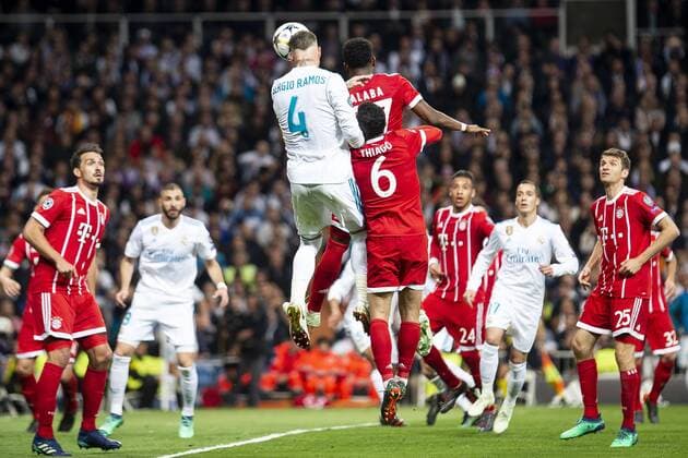 Real Madrid Sergio Ramos and Bayern Munich Thiago Alcantara and David Alaba during Semi Finals UEFA Champions League match between Real Madrid and Bayern Munich at Santiago Bernabeu Stadium in Madrid, Spain. May 01, 2018.  (20180501019)